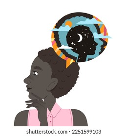 African American Woman Character with Abstract Type of Thinking and Mindset Model in Her Head Vector Illustration