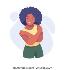 African American Woman Character Hug Herself Taking Care and Show Importance of Oneself Vector Illustration