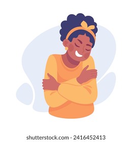 African American Woman Character Hug Herself Taking Care and Show Importance of Oneself Vector Illustration