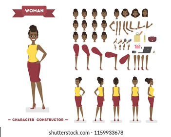 African american woman character set for animation with various views, hairstyles, emotions, poses and gestures. School equipment set. Isolated vector illustration