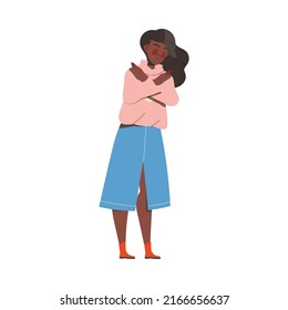 Personaje afroamericano de mujeres muestra gesto de mano cruzada expresando emoción con ilustración de vectores de lenguaje corporal