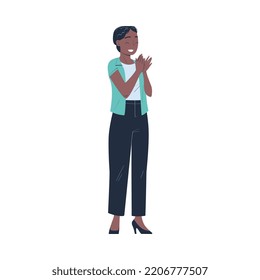 African American Woman Character Standing Ovation Clapping Her Hands as Applause and Acclaim Gesture Vector Illustration