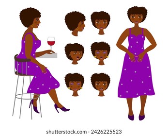 Personaje de mujer afroamericana para tus escenas. Positividad corporal. Un set para crear personajes con diferentes looks, emociones faciales, gestos y poses. Ilustración vectorial.