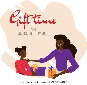 African American woman and child give gifts to each other