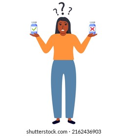 African american woman choosing between two options.Girl thinking about vaccine.Female character choosing between medicament.Character cartoon vector flat illustration. Isolated on white background.