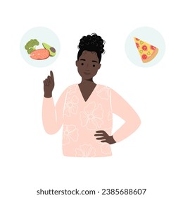 African American woman choosing between healthy and unhealthy food. Fastfood vs balanced menu comparison. Vector illustration for good vs bad diet, lifestyle, eating concepts