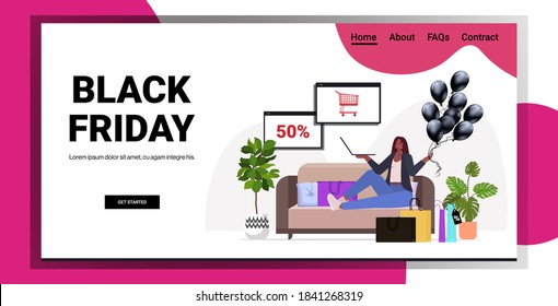 african american woman choosing goods on laptop online shopping black friday big sale holiday discounts concept living room interior full length horizontal copy space vector illustration