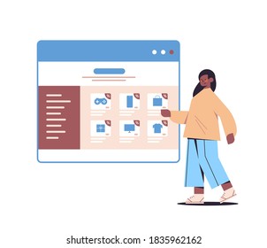 african american woman choosing purchases in web browser window online shopping cyber monday sale holiday discounts e-commerce concept full length vector illustration