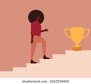 African American woman climbs up the stairs to reach her objective or prize. Businesswoman goes up the staircase to get the trophy. Black community, gender equality and women empowerment concept.