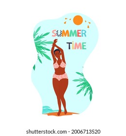 African american woman with closed eyes in swimsuit with arms raised enjoys summer, lettering summer time, vector illustration in flat style. Cartoon.