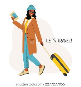 African American Woman in coat and knitted hat with a Suitcase goes on vacation. Girl with a Suitcase and a passport with boarding pass tickets. Travel concept. Vector illustration.