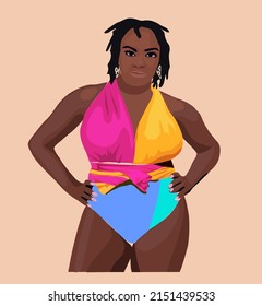African american woman in colorful swimsuit. Curvy girl with african natural hair and dreads. Plus size black girl. Oversize pretty  model. Colorful and detailed vector Fashion illustration.