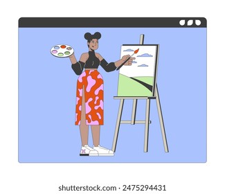 African american woman conducting art lesson online 2D linear cartoon character. Black female drawing teacher isolated line vector person white background. E learning color flat spot illustration