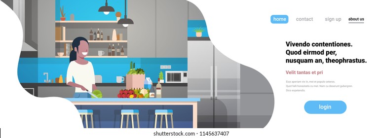 african american woman cook kitchen interior girl chopping vegetables cooking at home faceless smile character horizontal banner flat copy space vector illustration