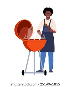 Mujer afroamericana cocinando parrilla de barbacoa. Escena de barbacoa. Hombre sonriente sostiene kebabs. Fríe la carne al fuego. Ilustración vectorial