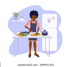 African american woman cooking homemade meals in small cozy kitchen. Stay home cook healthy food. Black female cutting vegetable to salad. Girl preparing dinner or lunch. Lifestyle vector illustration