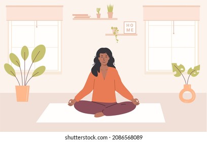 African American woman with crossed legs and closed eyes meditating at home. Young female sitting in cozy modern room and practicing yoga, mindfulness meditation and breath control exercises. Vector.