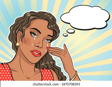 African american woman crying face with thinking bubble in pop art retro comic style, sad woman portrait