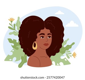 African American woman with curly hairstyle. Female ethnicity portrait against background of nature, leaves and flowers. Vector illustration in flat style