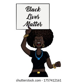 African american woman with demonstration sign in hand and Black Lives Matter" type. Vector comic drawing, isolated on white background.