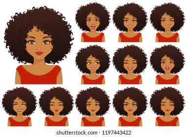 African american woman with different facial expressions and afro hairstyle set isolated