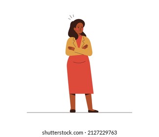 African American woman dissatisfied with someone or disagrees with something. Confident female crossed her arms expressing protest and annoyance. Vector illustration isolated on white