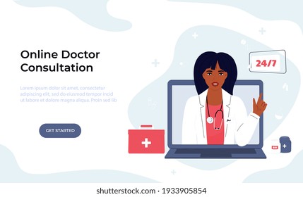 African American woman doctor consults online by video call on laptop. Telemedicine concept. Chat with a medical worker. Web page template.