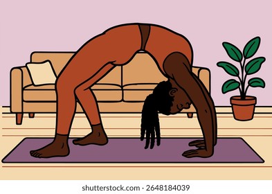 African American woman doing chakrasana wheel pose on yoga mat in minimalist room, solid colors with bold outlines, modern vector illustration