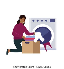 African american Woman doing laundry at home. Flat style vector illustration isolated on white background.