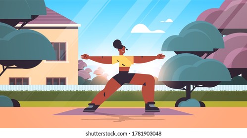 african american woman doing stretching exercises outdoor girl having workout cardio fitness training healthy lifestyle home sport concept landscape full length vector illustration