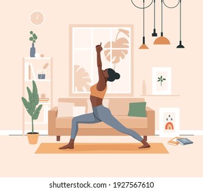 African american woman doing yoga exercises, practicing meditation and stretching on the mat. Black girl character in yoga studio or home. Trendy flat or cartoon vector illustration.