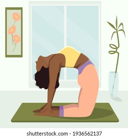 African American woman doing yoga exercises and stretching on the mat. Living room concept with window, plants, painting, girl, person indoors. Black female character practicing in a yoga st