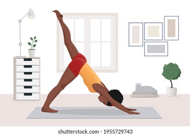 african american woman doing yoga exercises, practicing stretching on mat in yoga studio or home. vector illustration.