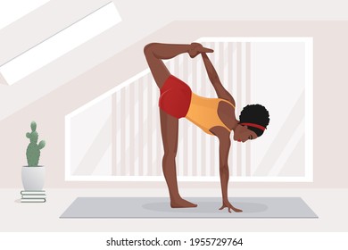 african american woman doing yoga exercises, practicing stretching on mat in yoga studio or home. vector illustration.