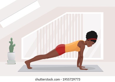 african american woman doing yoga exercises, practicing stretching on mat in yoga studio or home. vector illustration.