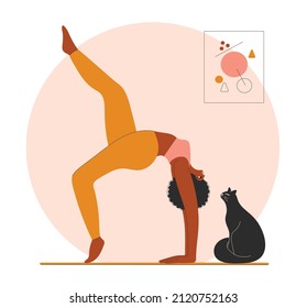 African American woman doing yoga at home with her cute cat. Trendy black beauty vector flat art illustration with lines.