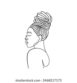 Mujer afroamericana rastas peinado cabello hacia arriba vista lateral dibujo elegancia minimalista contorno lineal.