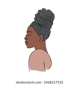 Mujer afroamericana rastas peinado cabello hacia arriba cara vista color dibujo elegancia minimalista contorno lineal.