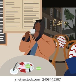 Mujer afroamericana tomando café en el café de París. Ilustración del vector 