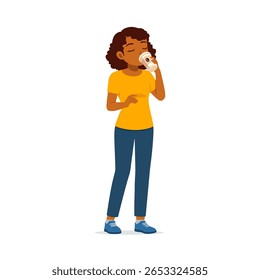 African American woman drinking from paper cup with eyes closed, casual clothes, cartoon style
