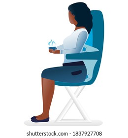 African American woman is drinking tea while sitting in a chair. Lunch break concept. Rest time at the workplace. Cartoon flat style. Can be used in design.