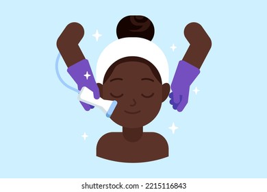 African american woman enjoy face skin treatment in salon. Happy calm female client having microdermabrasion peeling in spa. Skincare routine. Vector illustration rejuvenation, cosmetology, hydration.