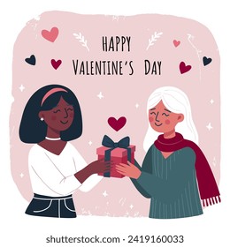 African American woman and European woman are given gifts. LGBTQ+ concept for Valentine's day, congratulations to a friend, love human, vector card with text "Happy Valentine's Day"