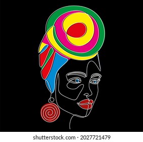 African american Woman face, continuous line drawing.  Line art, drawing of face, fashion concept, woman beauty minimalist for wall decoration, postcard or brochure cover design. Vector illustrations 
