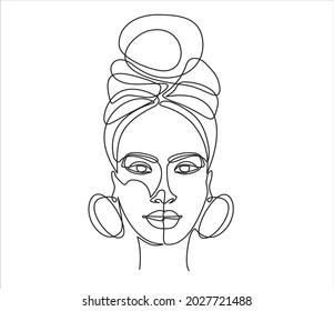 Cara afroamericana, dibujo continuo de líneas.  Pintura de línea, dibujo de cara, concepto de moda, belleza femenina minimalista para la decoración de paredes, postales o diseño de portada. Ilustraciones vectoriales 