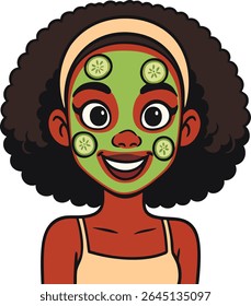 African American woman face with green natural DIY mask, cucumber slices on face. Close-up skin care vector illustration