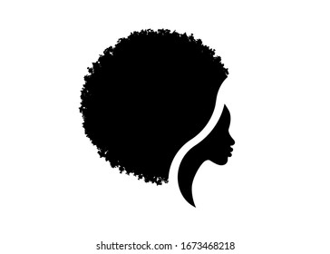 African American woman face profile. Logo women profile silhouette with fashion curly afro hair style concept, vector isolated on the white background