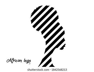 African American woman face profile. Logo women profile black silhouette fashion curly afro hair style concept, striped graphic design, vector isolated on white background