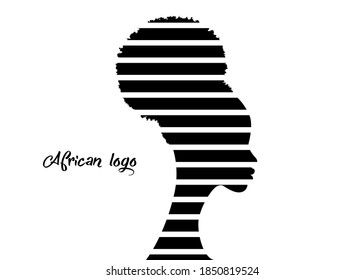 African American woman face profile. Logo women profile black silhouette fashion curly afro hair style concept, striped graphic design, vector isolated on white background