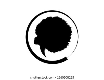 African American woman face profile. Round logo women profile silhouette with fashion curly afro hair style concept, Afro sign vector isolated on the white background